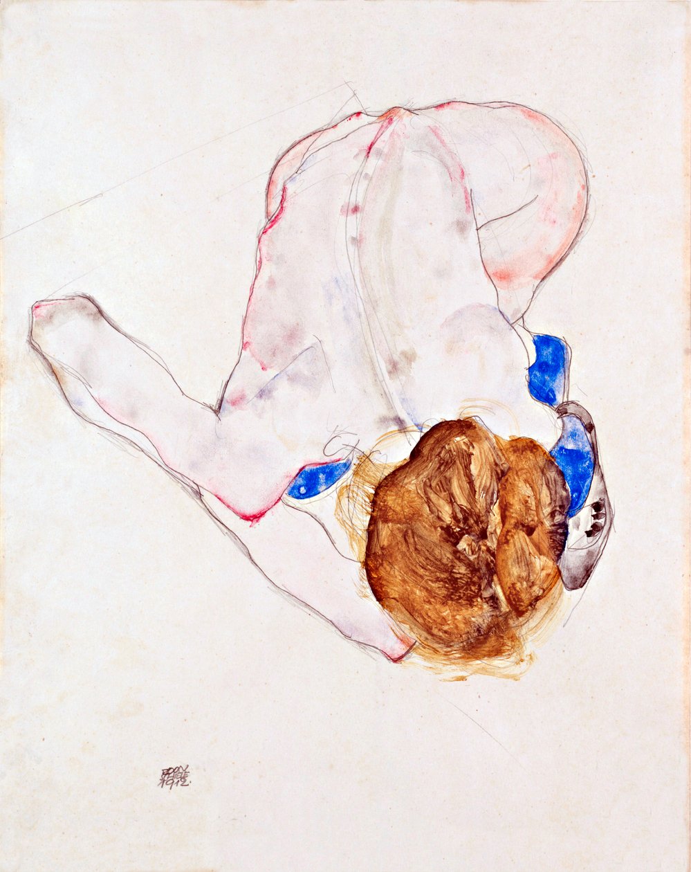 Naakte vrouw met blauwe kousen, voorovergebogen - Gouache op papier van Egon Schiele (1890-1918) door Egon Schiele
