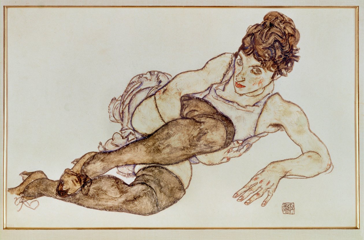 Vrouw met bruine kousen - Vrouw ... (gouache en zwart krijt) door Egon Schiele