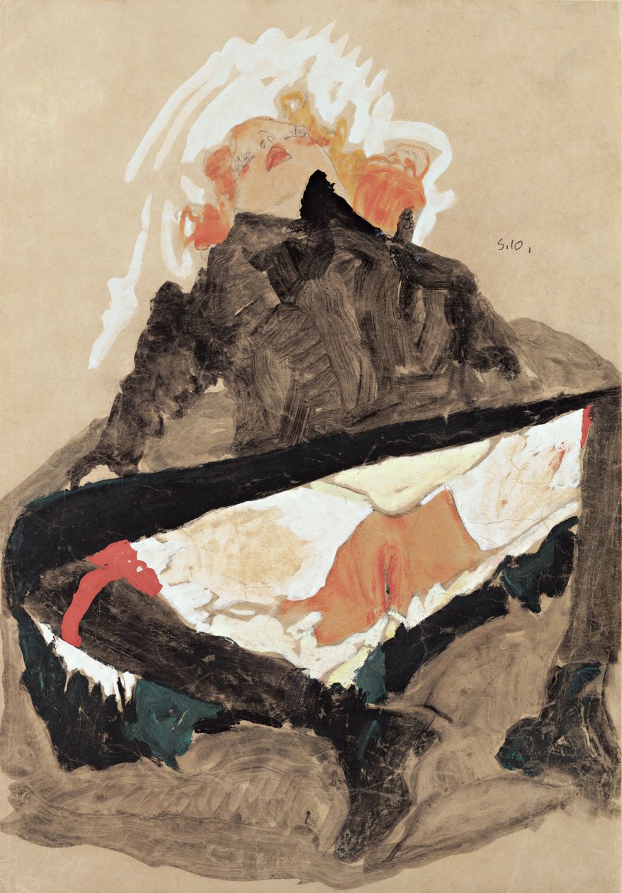 Meisje in zwarte jurk met gespreide benen, 1910 door Egon Schiele