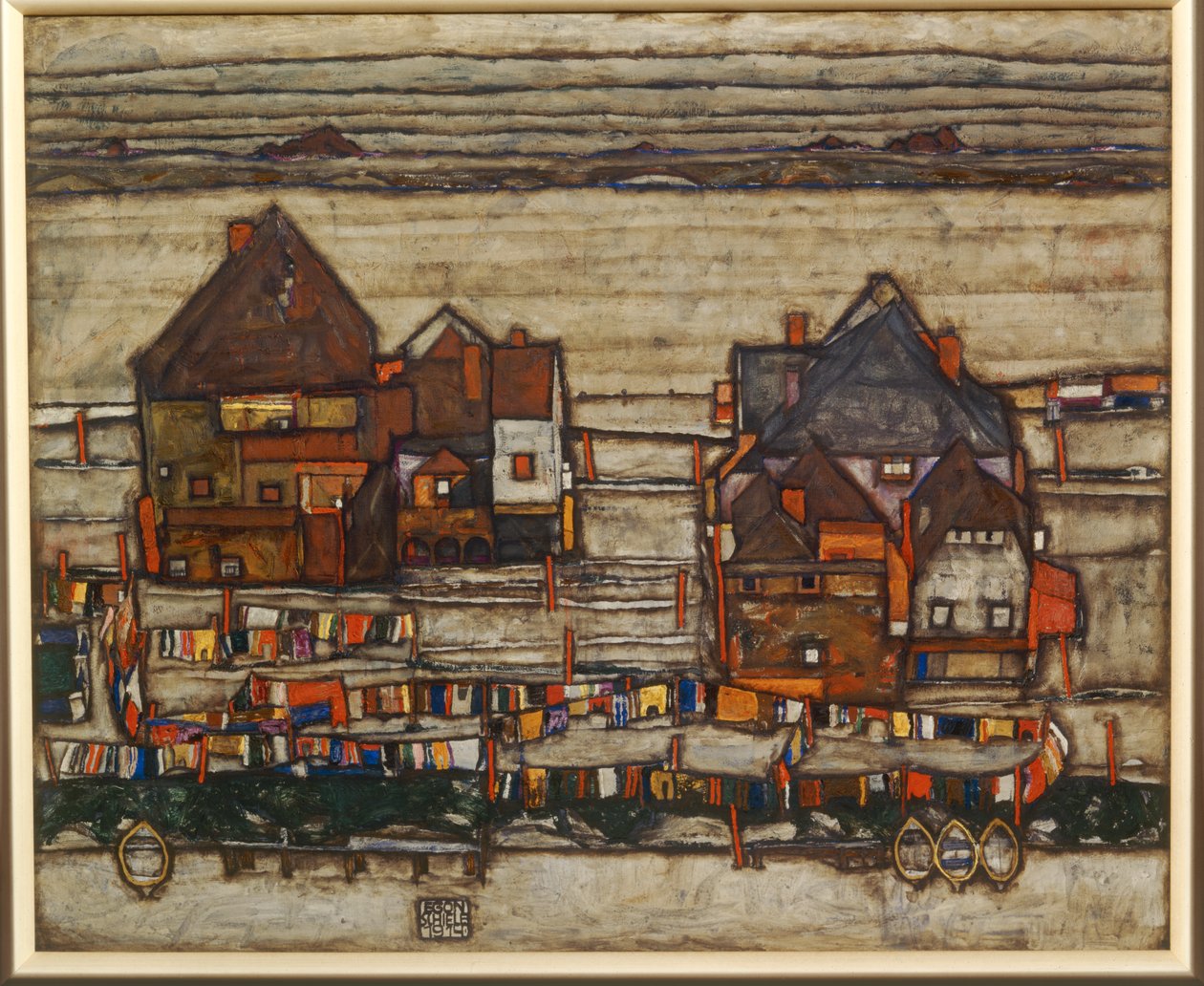 Huizen en kleurrijke wasserij, buitenwijk, ook twee huizenblokken met waslijnen ... door Egon Schiele