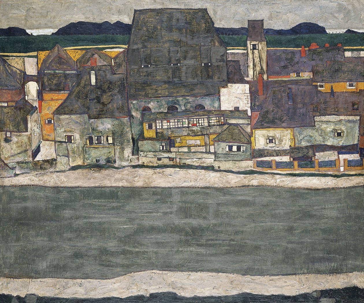 Huizen aan de rivier De Oude Stad, 1914 door Egon Schiele