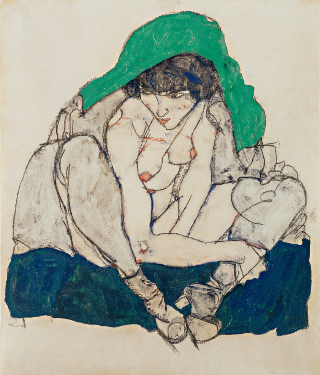 Gehurkte vrouw met groene hoofddoek door Egon Schiele