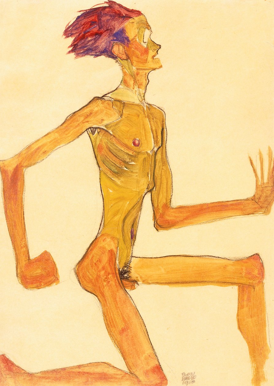 Knielende naakte man, in profiel naar rechts door Egon Schiele