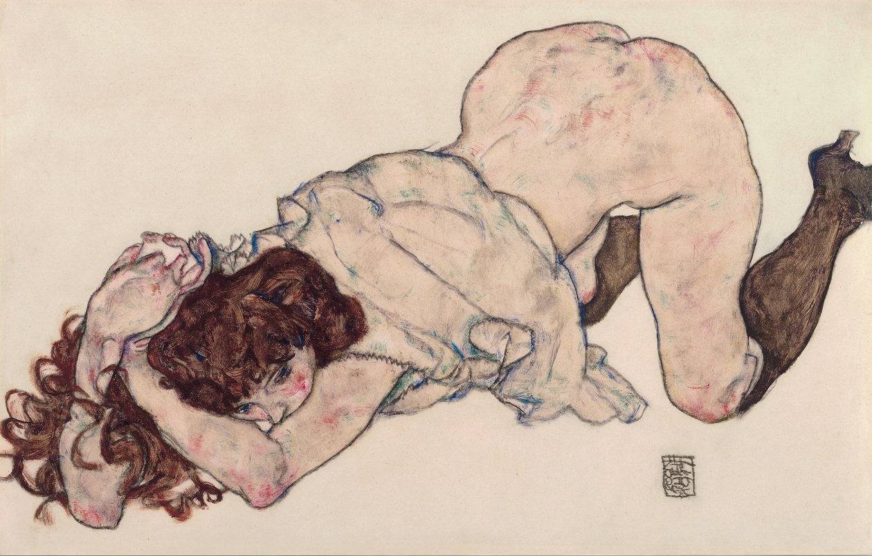 Knielend meisje, gesteund op beide ellebogen door Egon Schiele