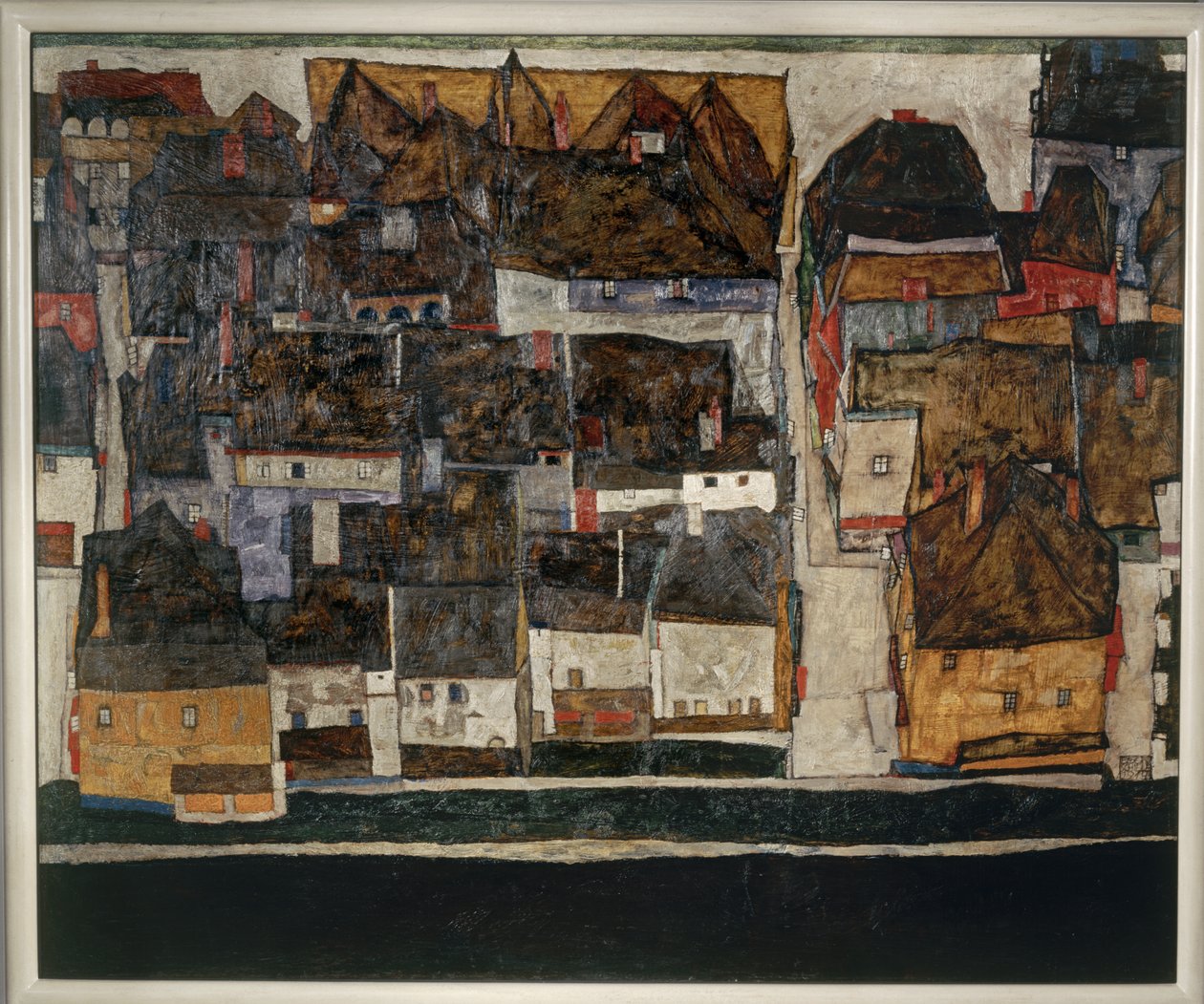 Krumlov en de Vltava - Krumlov aan de Vltava ... (olieverf op doek) door Egon Schiele