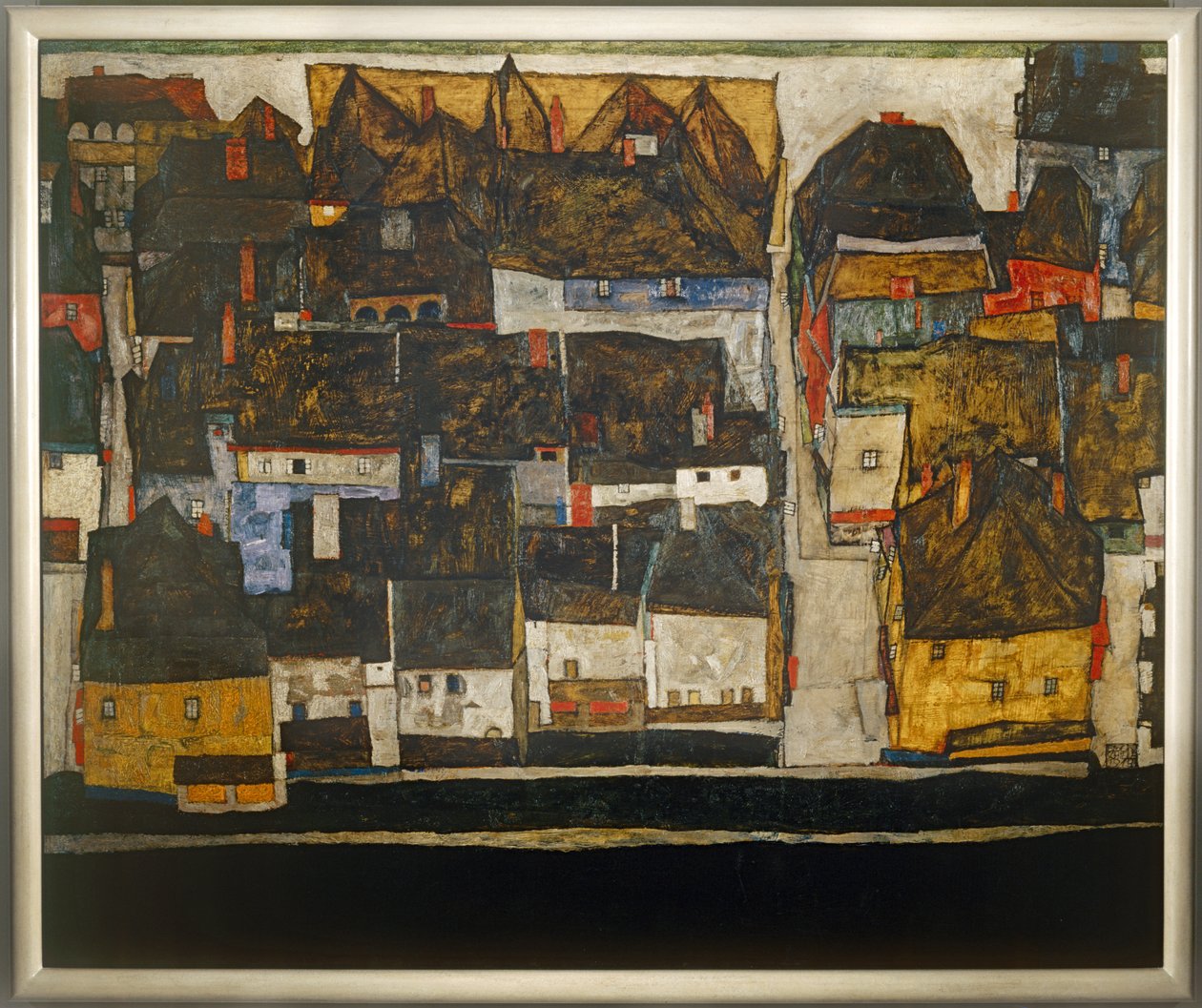 Krumlov en de Vltava - Krumlov aan de rivier de Vltava ... (olieverf op doek) door Egon Schiele