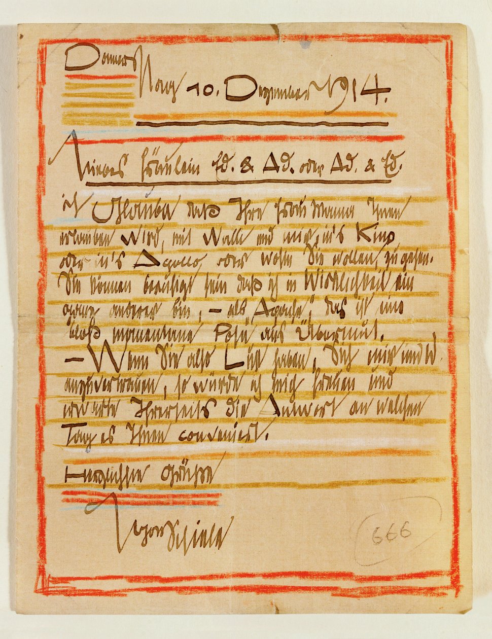 Kunstig vormgegeven brief van Egon Schiele aan de zussen Edith en Adele Harms gedateerd 10 ... (inkt, kleurpotloden) door Egon Schiele