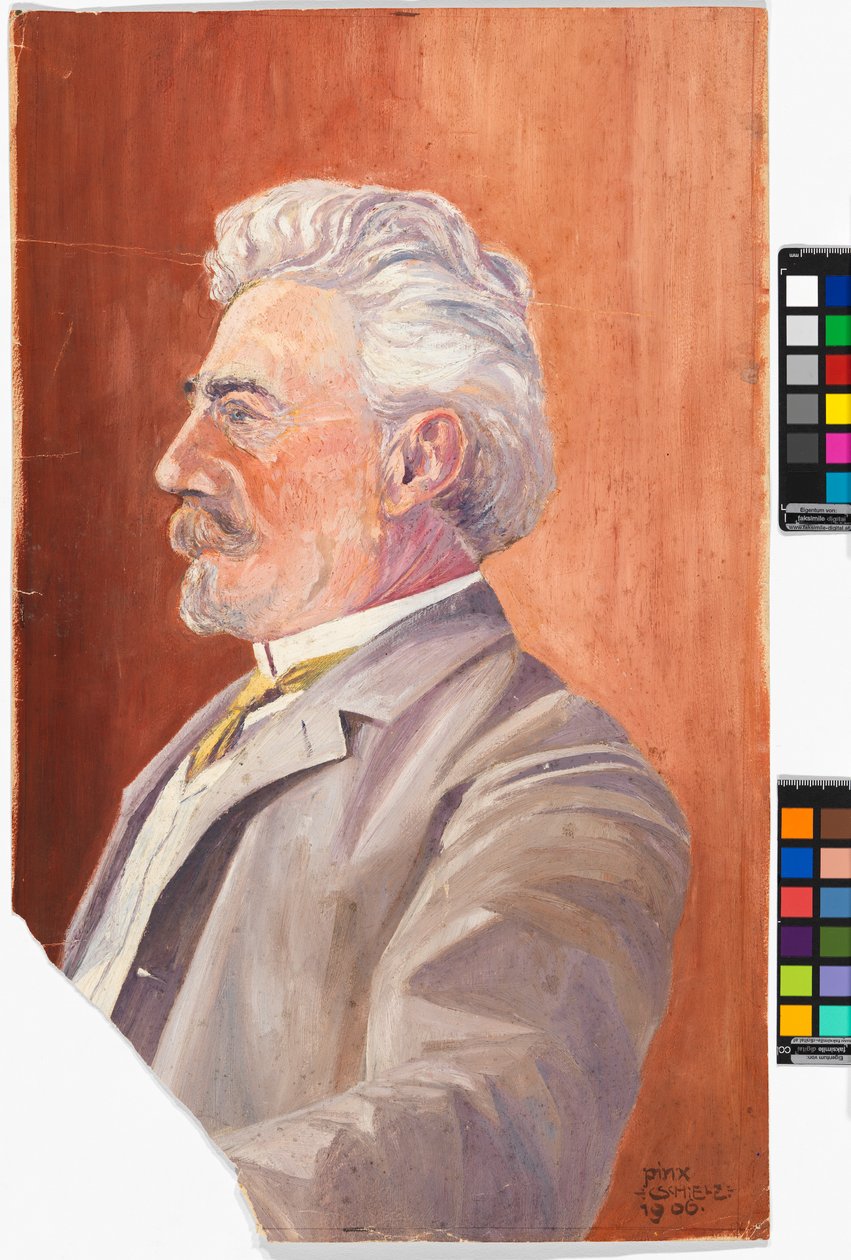 Profielfoto van Leopold Czihaczek tegen een rode achtergrond door Egon Schiele