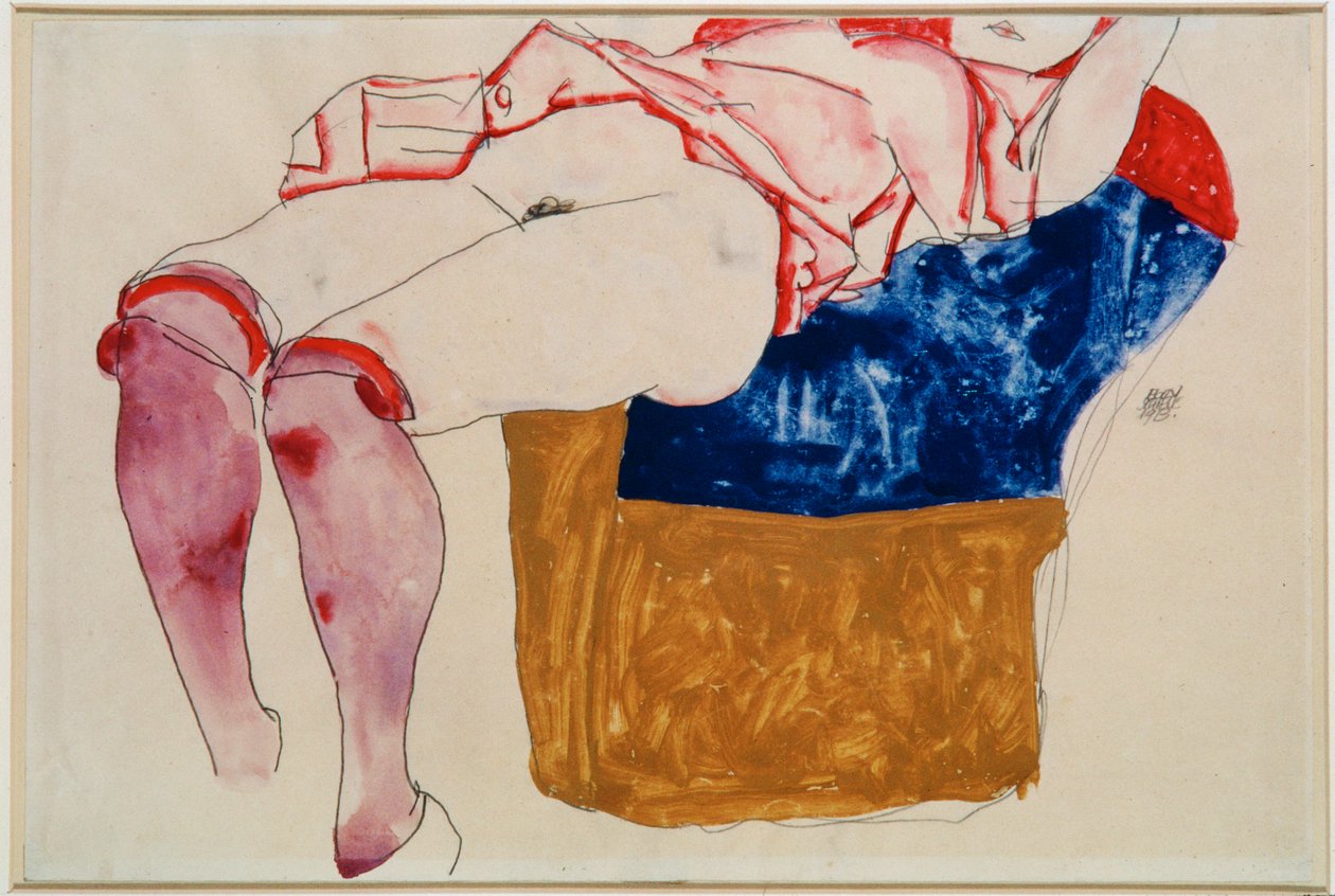 Liggend meisje met paarse kousen [Liggend ... (gouache, aquarel en potlood) door Egon Schiele