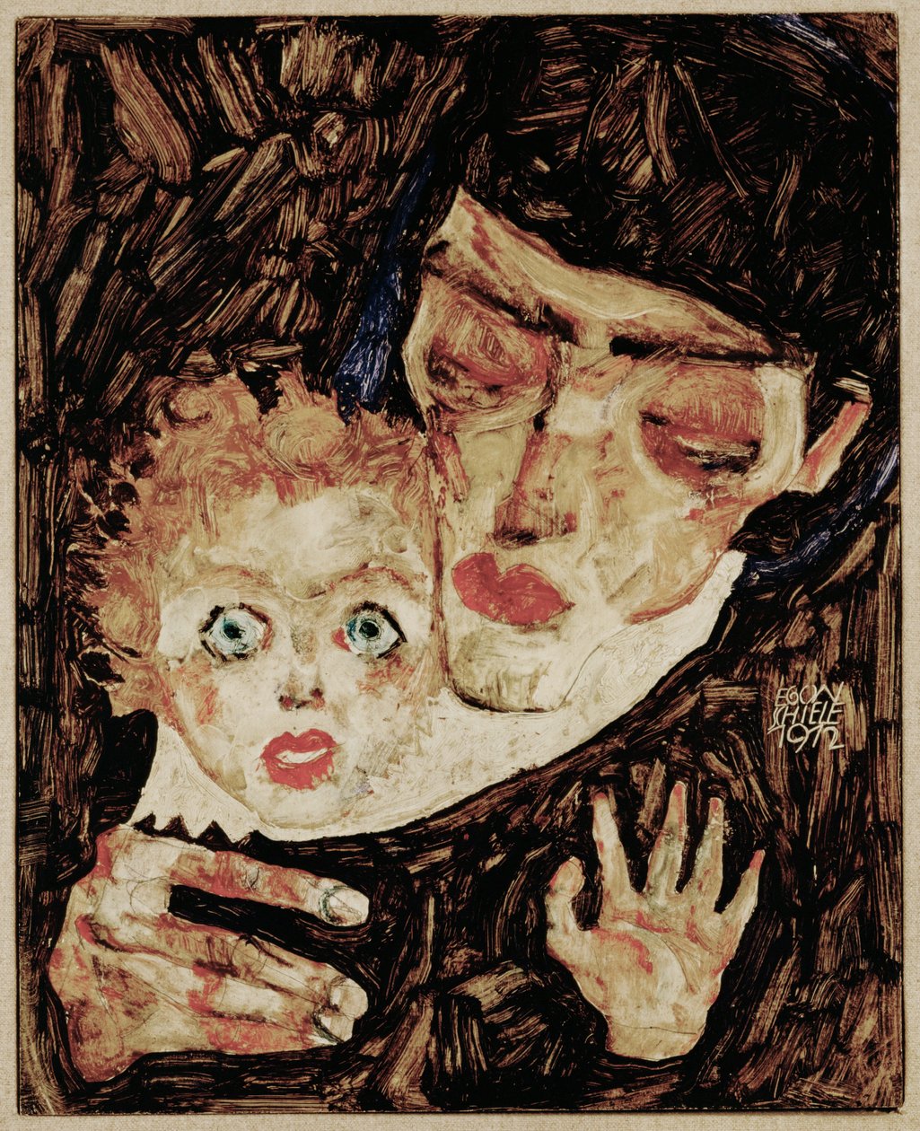 Mutter und Kind II (olieverf op hout) door Egon Schiele