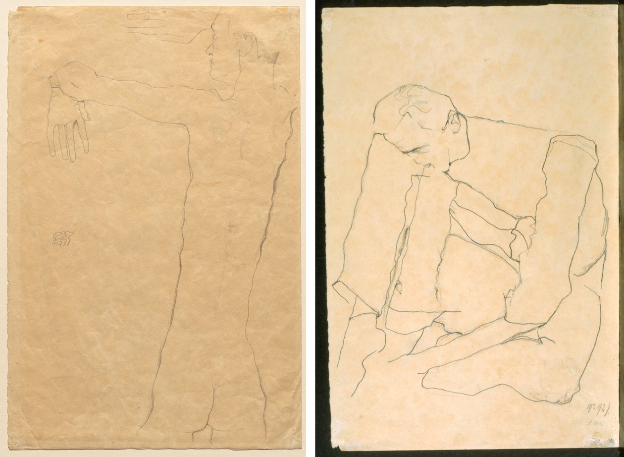 Naakte Man met Opgeheven Armen (recto) Zittende Man (verso) door Egon Schiele