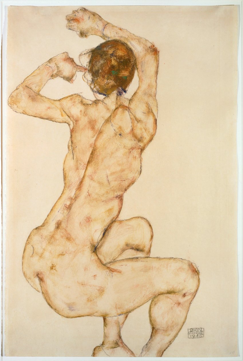 Naakt met opgeheven armen ... (gouache en potlood) door Egon Schiele