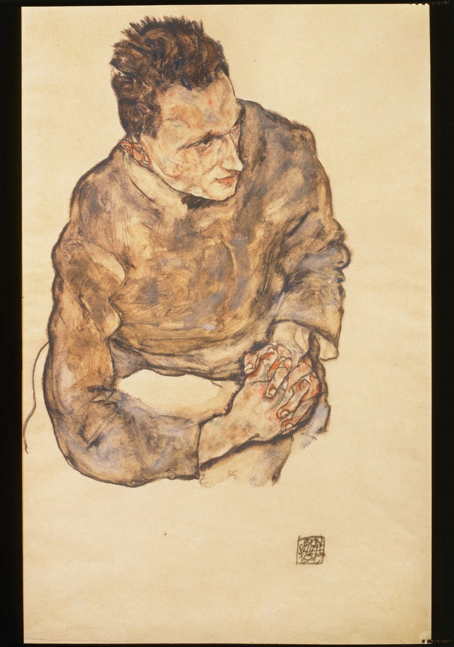 Portret van Karl Grünwald met vastgeklemde handen ... (aquarel en zwart krijt) door Egon Schiele