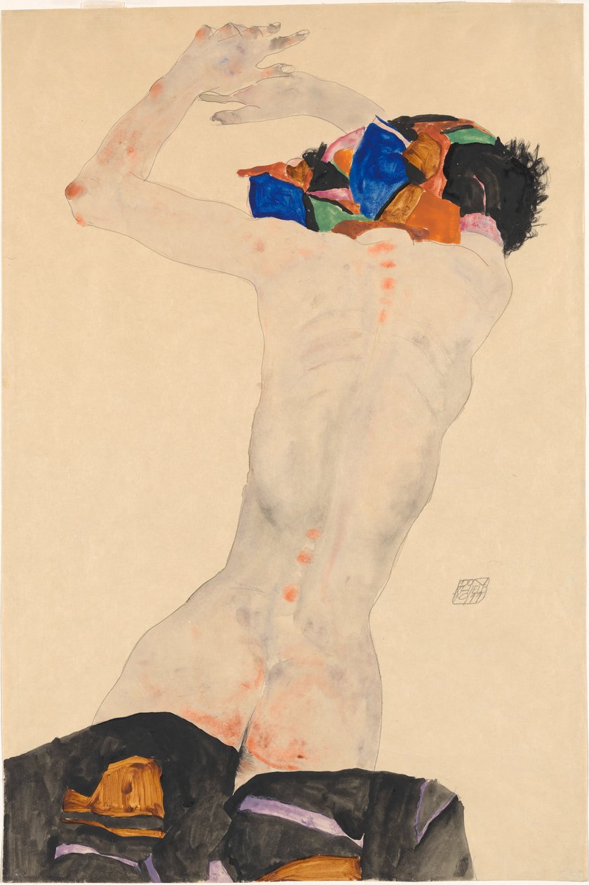 Naakt van achteren met een gekleurd doek, 1911 door Egon Schiele