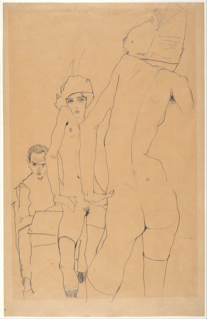 Schiele met Naakt Model voor de Spiegel, 1910 door Egon Schiele