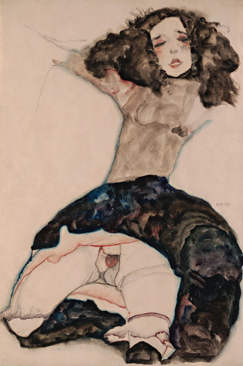 Meisje met zwart haar en een omhooggetrokken rok door Egon Schiele
