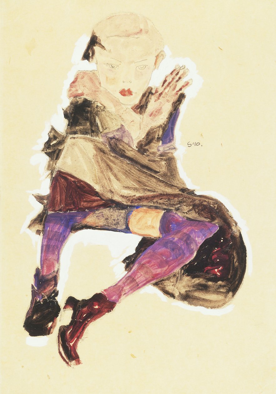 Zittend meisje met gestreepte kousen, 1910 door Egon Schiele
