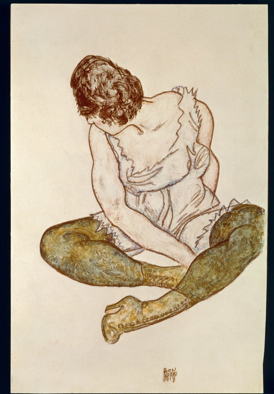 Zittende vrouw met groene kousen ... (aquarel en zwart krijt) door Egon Schiele