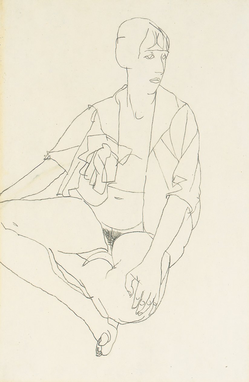 Zittende vrouwelijke naakt met open blouse, 1913 door Egon Schiele