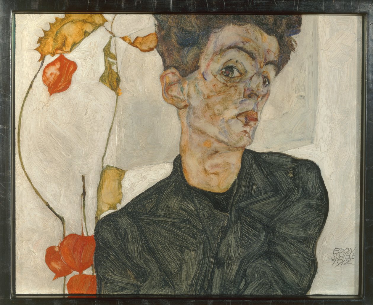 Zelfportret met lantaarnvruchten ... (olieverf en aquarel op doek) door Egon Schiele