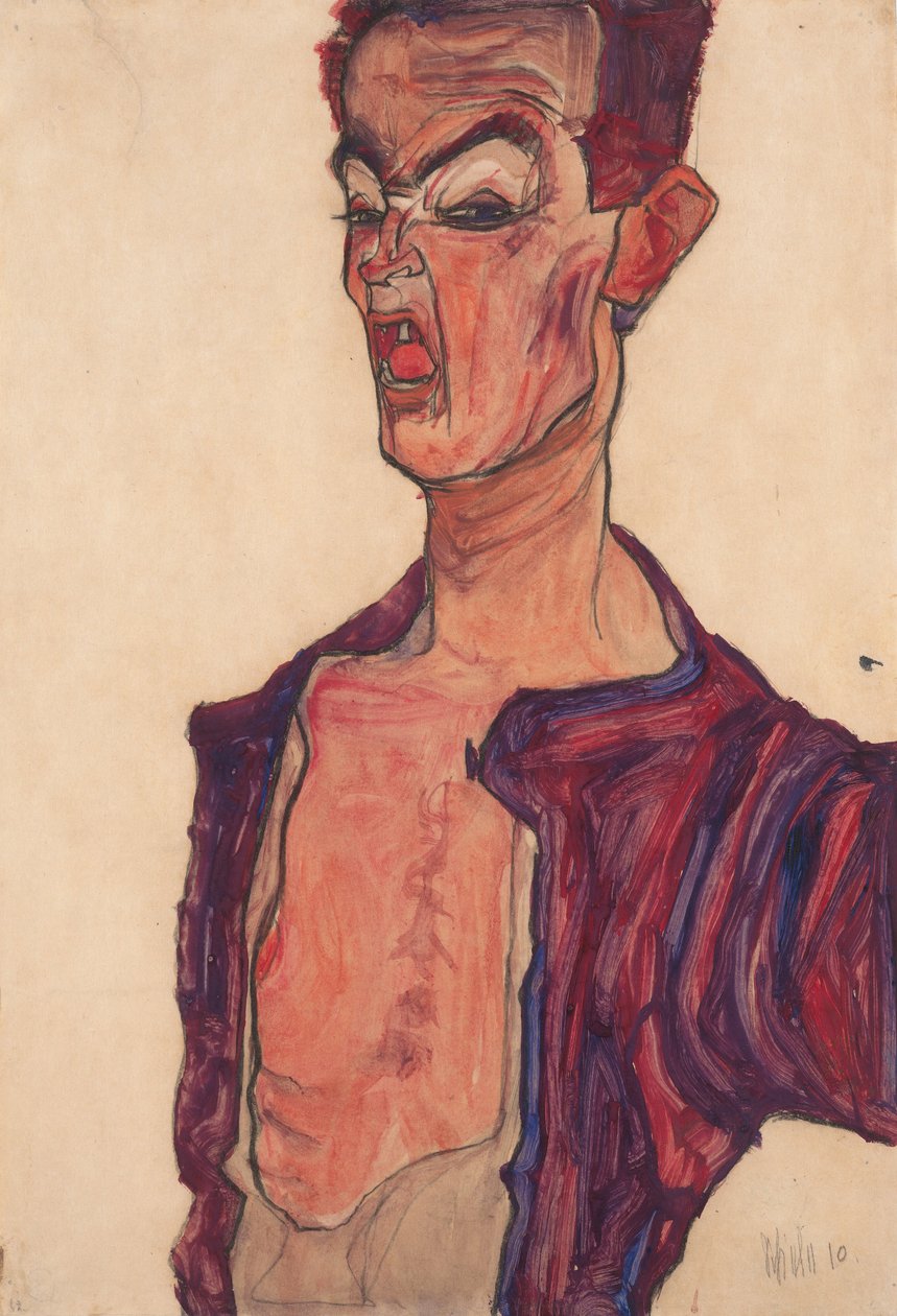 Zelfportret, met een grimas door Egon Schiele