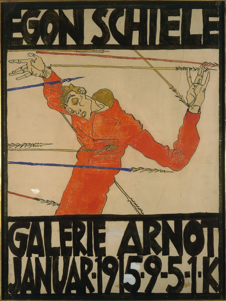 Zelfportret als Sint Sebastiaan, posterontwerp voor een tentoonstelling in Galerie Arnot, 1914 door Egon Schiele