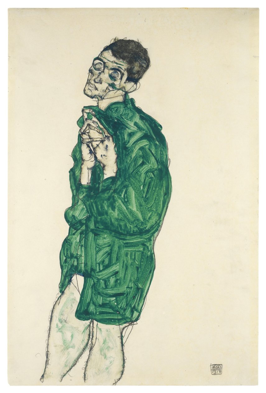 Zelfportret in groen shirt met gesloten ogen, 1914 door Egon Schiele