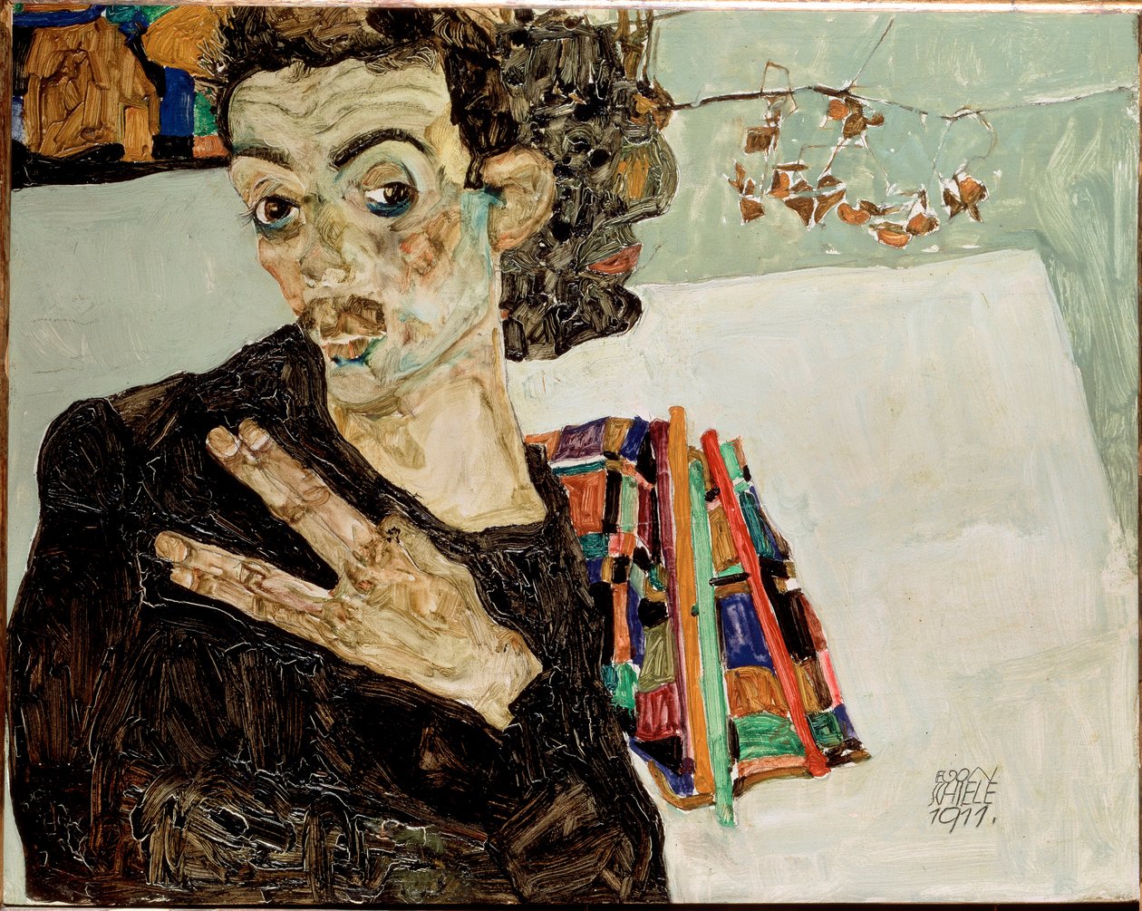 Zelfportret met gespreide vingers door Egon Schiele