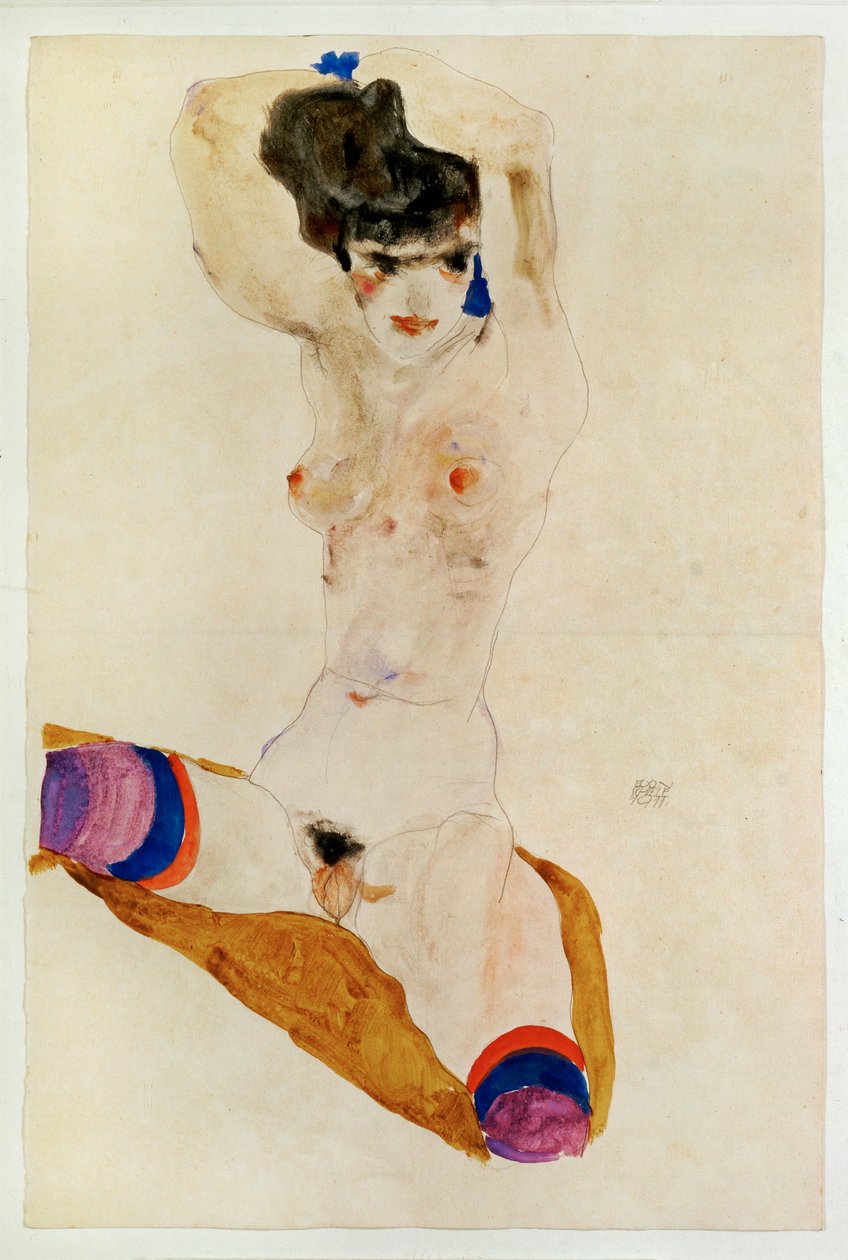 Zittend naakt meisje met over haar hoofd ... (aquarel en potlood) door Egon Schiele