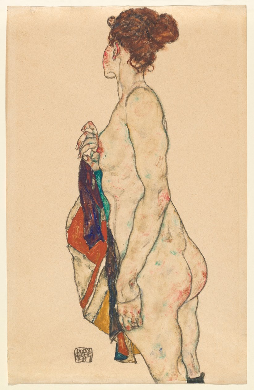 Staande naakt met een patroonjas, 1917 door Egon Schiele
