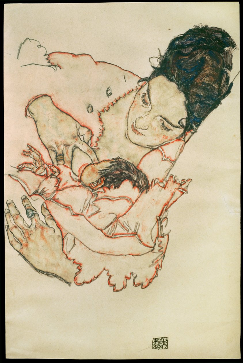 Stillende Mutter - Verzorgende moeder ... (aquarel en zwart krijt) door Egon Schiele