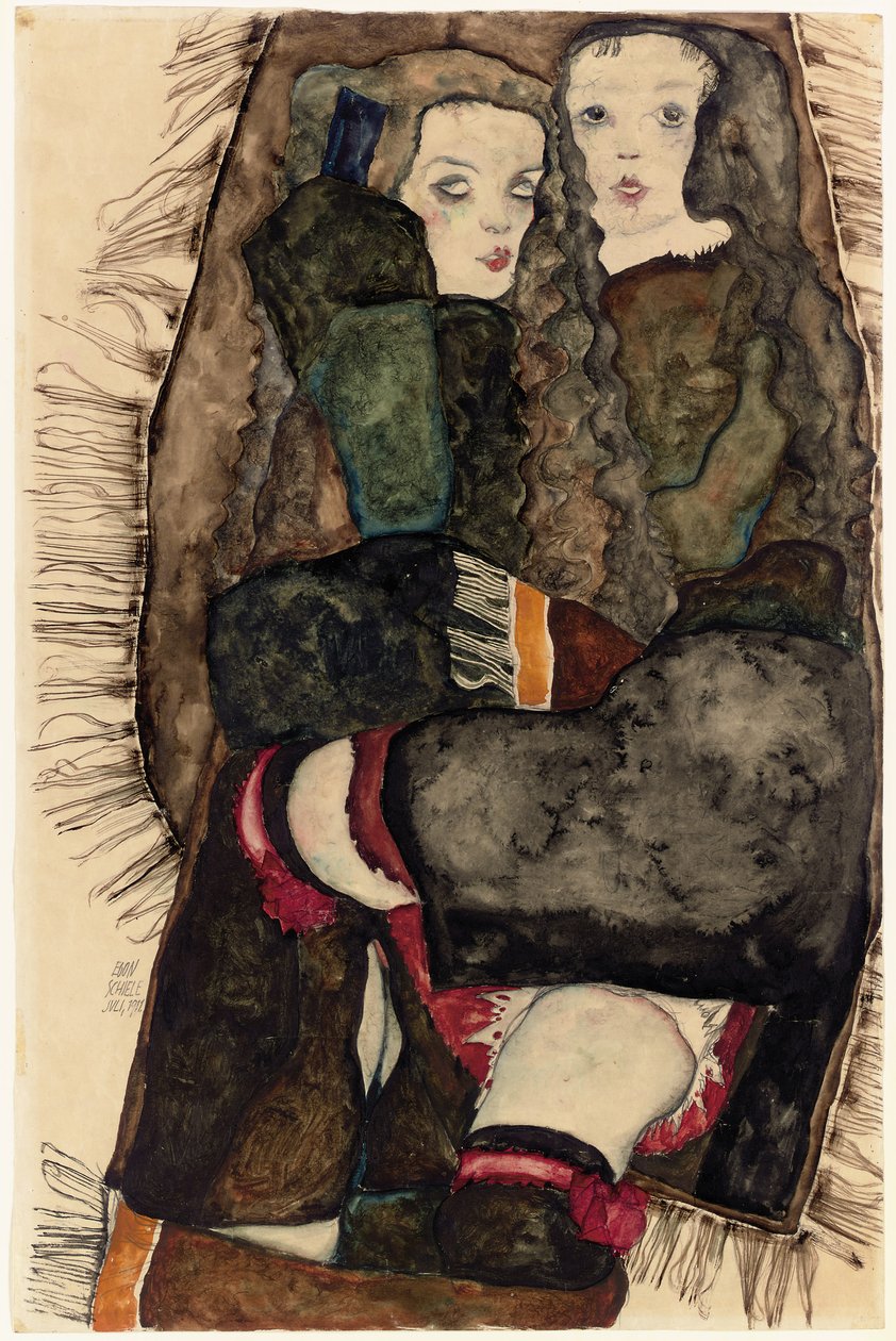 Twee meisjes op een franjerand deken, 1911 door Egon Schiele