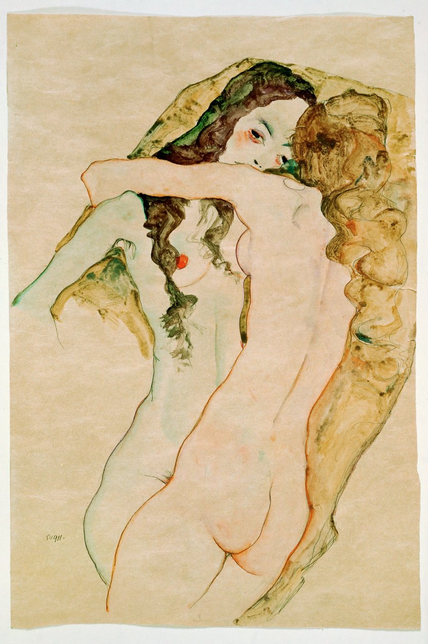 Twee omhelzende vrouwen (aquarel en potlood) door Egon Schiele
