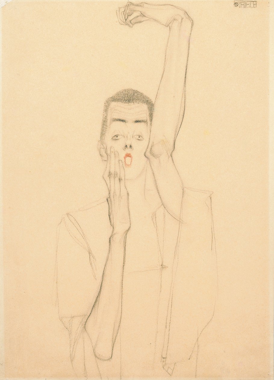 Jonge man met een opgeheven arm en rode mond; Selbstbildnis mit erhobenem linken Arm und rotem Mund, 1909 door Egon Schiele