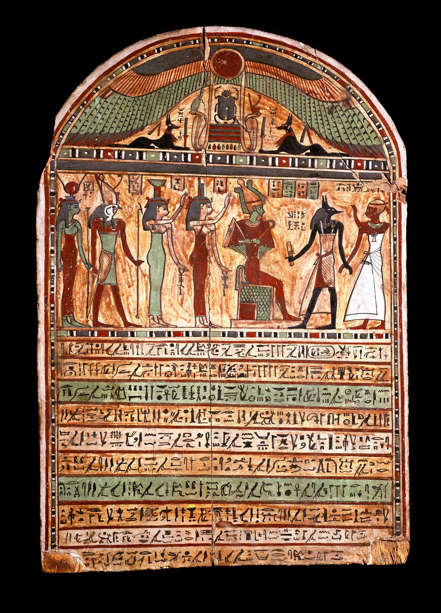 Egyptische oudheid: grafstèle van een hogepriester: Osiris verwelkomt de overledene aanwezig in Anubis, achter hem de goden Isis, Nephtis (Nephtys of Neftis), Horus, Hathor. 3e-2e eeuw v.Chr. Turijn, Egyptisch museum - Egyptische oudheden: grafstèle door Egyptian