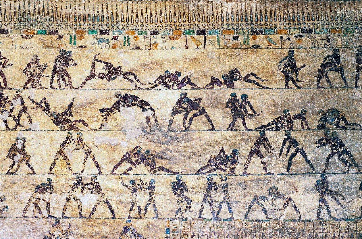 Gevechtsscènes, muurschildering, Kethi-tombe, Beni Hasan Necropolis, Egypte, Egyptische beschaving, Middenrijk, Dynastie XII door Egyptian 12th Dynasty
