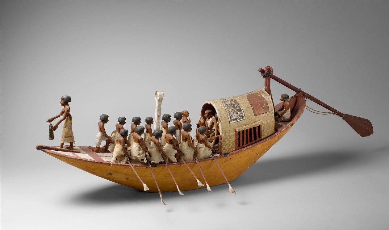 Reisboot die wordt geroeid uit het Graf van Meketre, c.1981-1975 v.Chr. (hout, verf, gips, linnen touw en linnen) door Egyptian 12th Dynasty