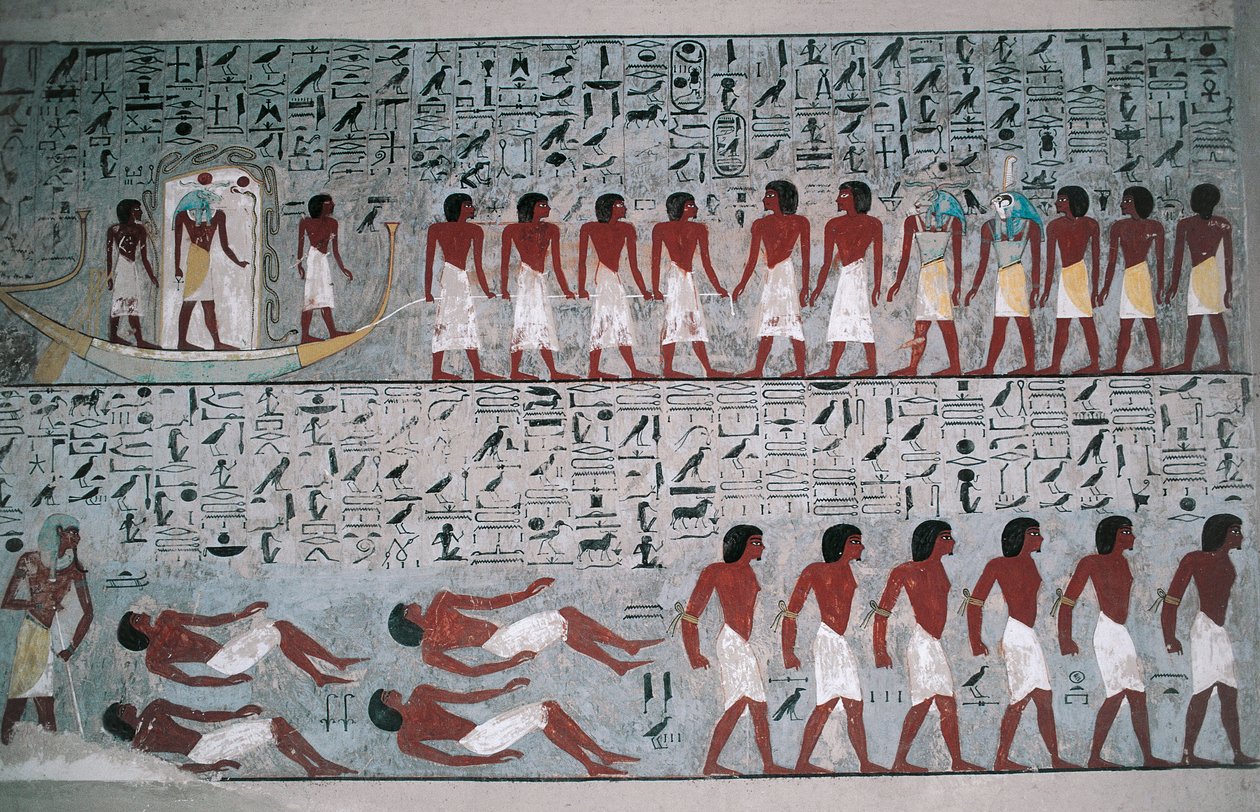 Egypte, Luxor, Vallei der Koningen, Graf van Horemheb, muurschildering door Egyptian 18th Dynasty