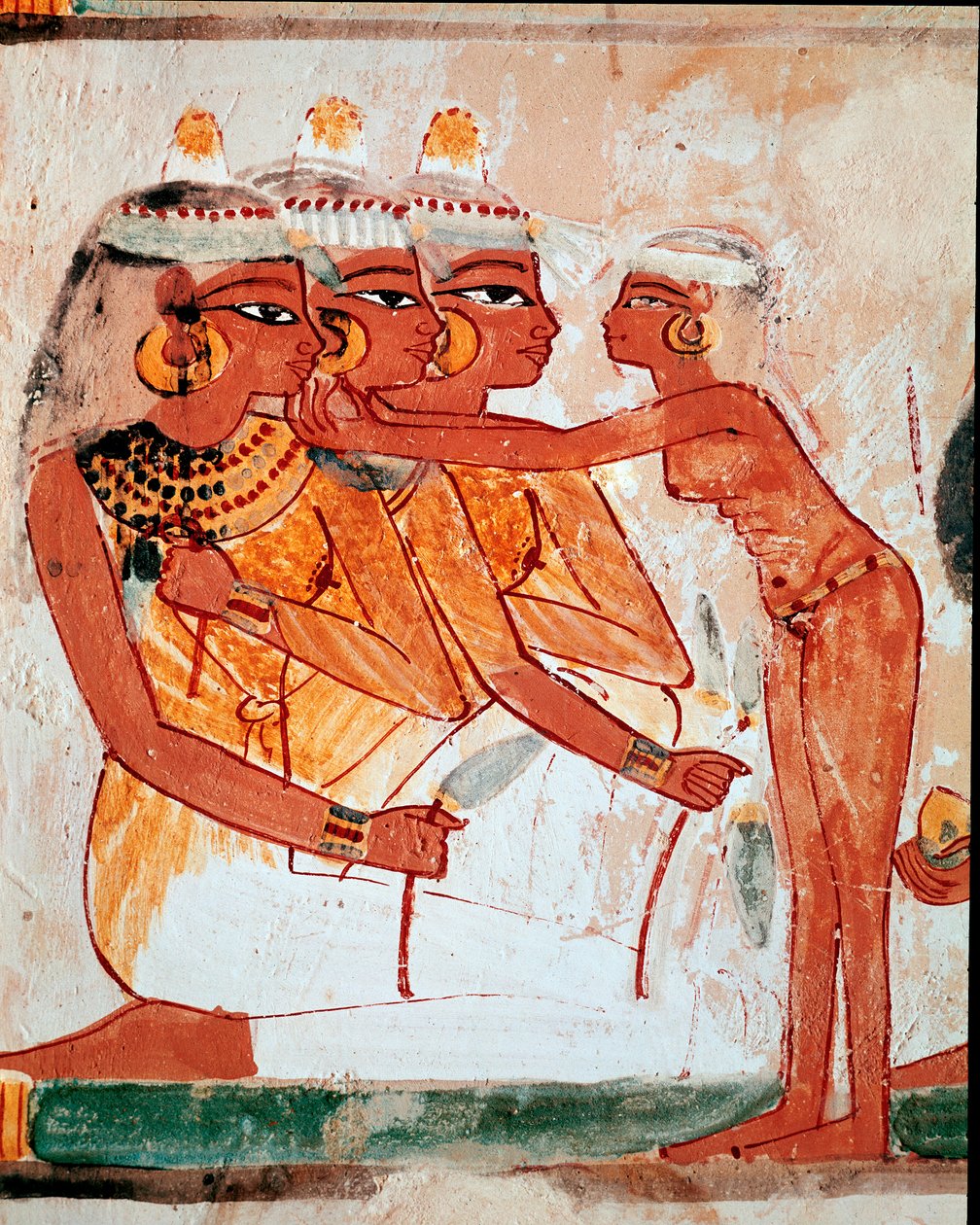 Egyptische kunst: Graf van Nakht. Toilet: dienstmeid helpt drie vrouwen met het dragen van sieraden voor het begrafenisbanket door Egyptian 18th Dynasty