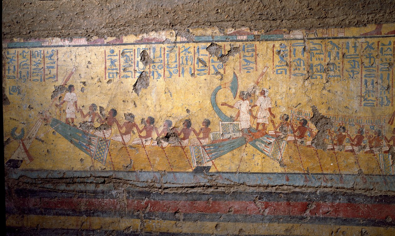 Egyptische oudheid: fresco van het graf van de schilder Maia, pelgrimstocht per boot in Abydos, citaat van Osiris. 18e dynastie. Uit de kapel van Maia, Deir el-Medineh, Nieuwe Rijk door Egyptian 18th Dynasty