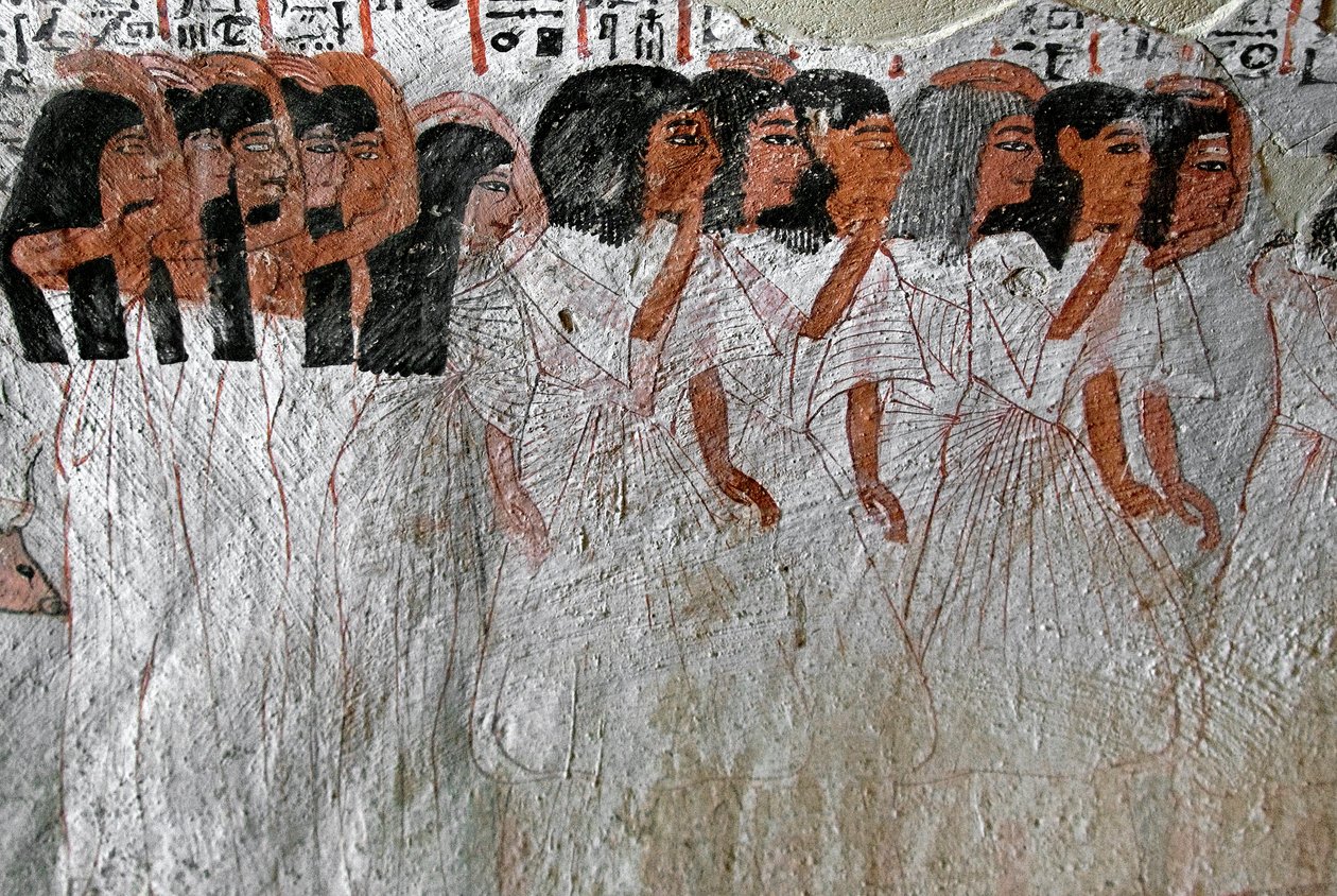 Egyptische oudheid: rouwstoet. Schilderij van het graf van Roy (TT255). 18e dynastie. Van de Westelijke Jordaanoever van Luxor, Egypte door Egyptian 18th Dynasty