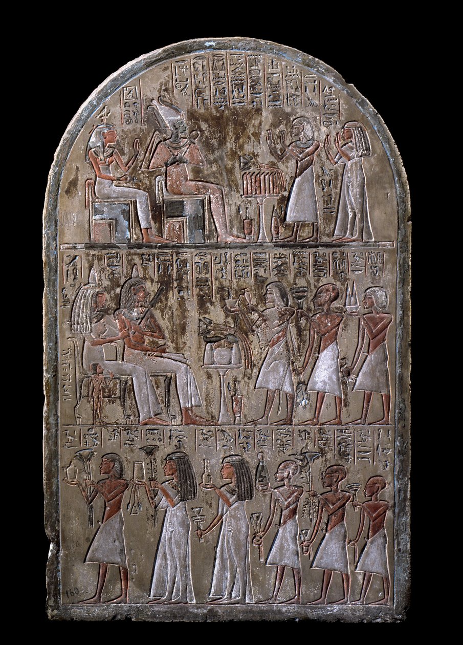 Egyptische antiquiteit: stèle van het echtpaar Maia, de overledene biedt geschenken aan de goden. 18e dynastie. Uit de kapel van Maia, Deir el-Medineh (el Medineh), Nieuwe Rijk Dim. 67 cm door Egyptian 18th Dynasty
