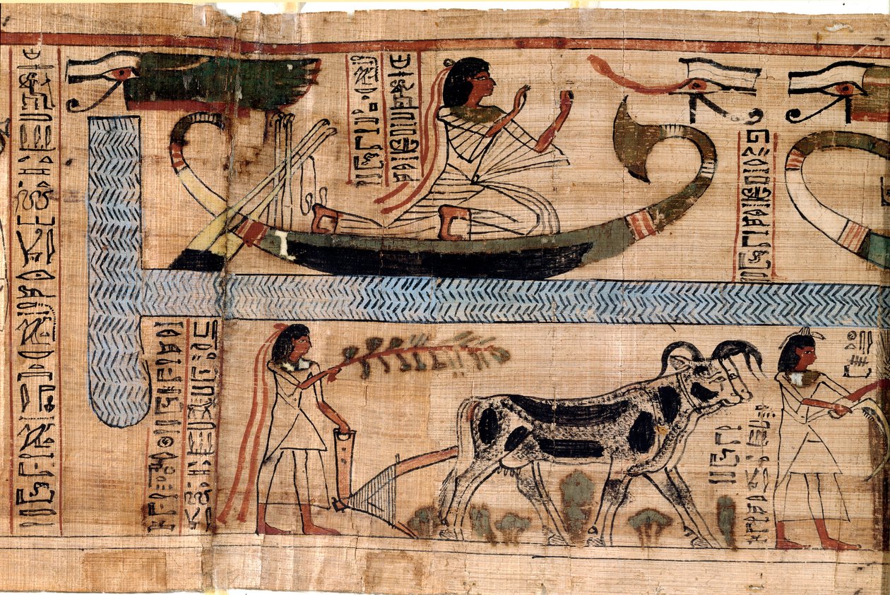 Egyptische antiquiteit: de naam van de overledene Aner vertegenwoordigt op de boot van Osiris, scène van ploegen en wegen van zielen (psychostase). Papyrus uit een Dodenboek, 20e dynastie, uit Thebe. Turijn, Egyptisch museum door Egyptian 18th Dynasty