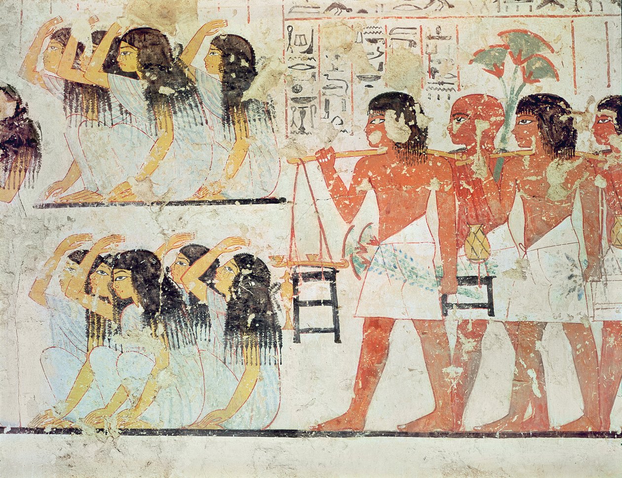 Groep rouwenden in de begrafenisstoet van Ramose, uit de grafkapel van Ramose, Nieuwe Rijk, c.1360 v.Chr. (muurschildering) door Egyptian 18th Dynasty