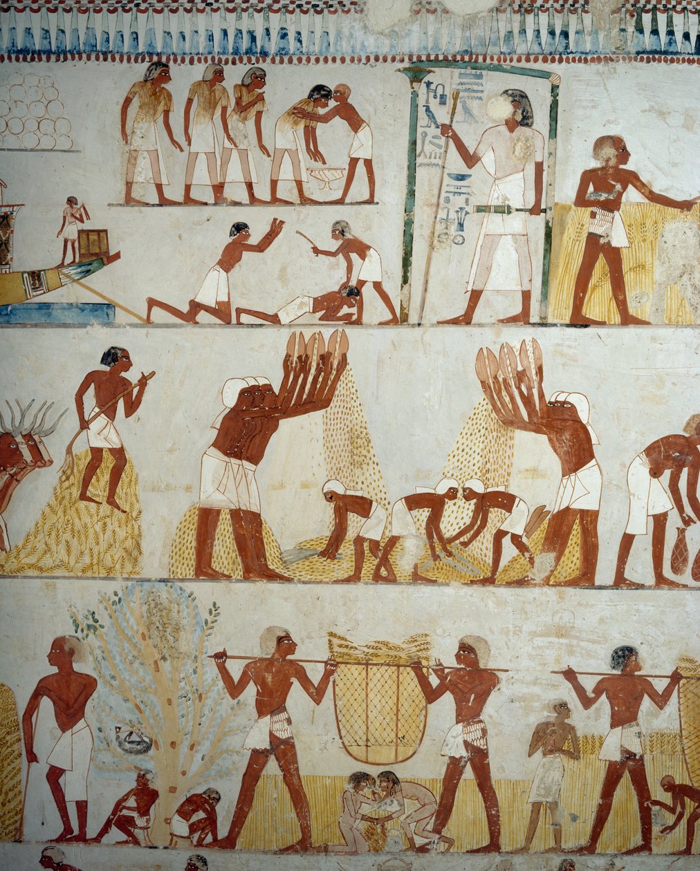 Oogsten van gewassen, dorsen en wannen van graan (detail) door Egyptian 18th Dynasty