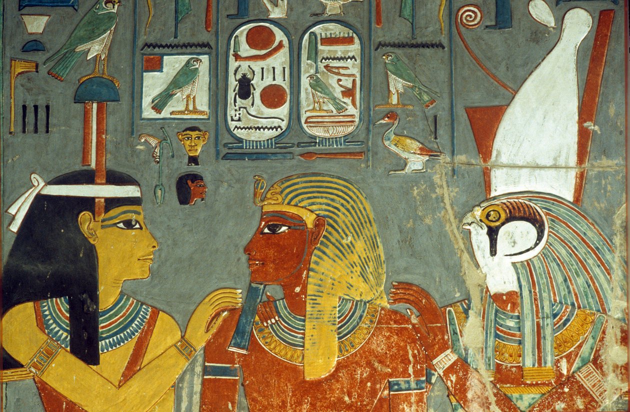 Horus, Horemheb en Hathor, uit het graf van Horemheb (ca.1323-1295 v.Chr.) Nieuwe Koninkrijk door Egyptian 18th Dynasty