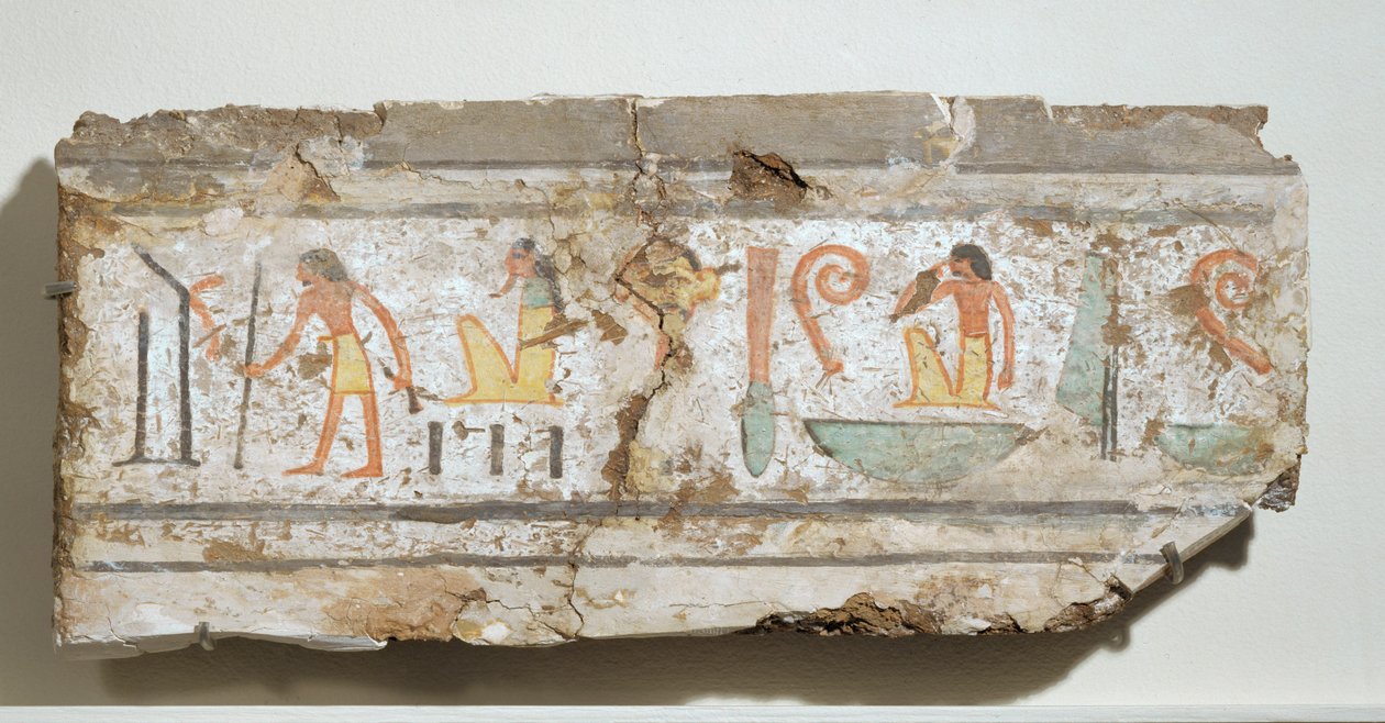 Inscriptie in bijzonder duidelijke hiërogliefen: een man met zijn wandelstok, een god met baard die gehurkt zit, een man met zijn hand aan de mond ... door Egyptian 18th Dynasty