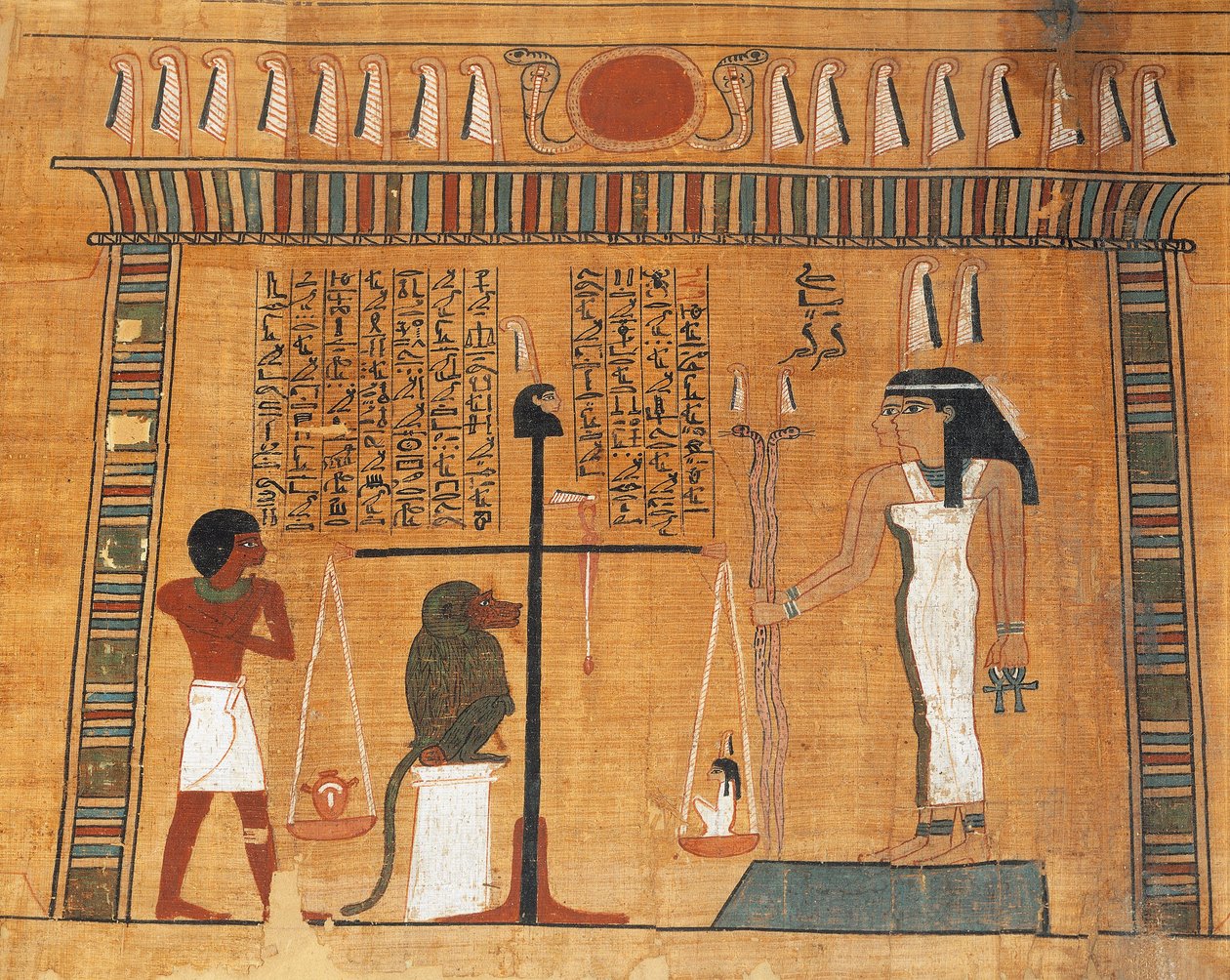 Papyrus van het Dodenboek: de overledene voor het hof van Osiris door Egyptian 18th Dynasty