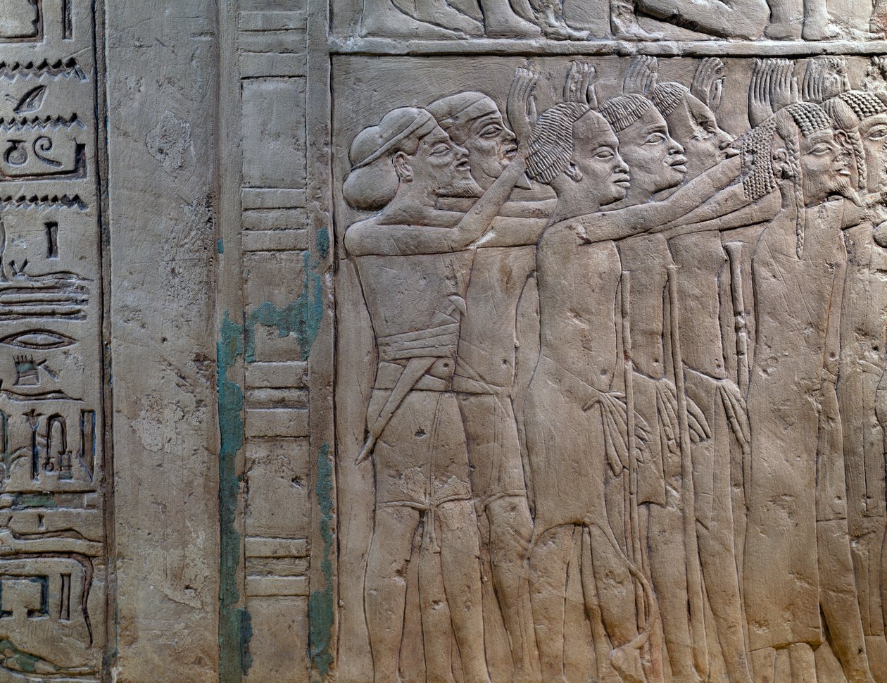 Prinsen van Nubië, Libië, Syrië en Palestina komen hulde brengen aan de koning, bas-reliëf in kalksteen, uit Memphitisch graf van Horemheb in Saqqara, Egyptische beschaving, Nieuwe Rijk, Dynastie XVIII door Egyptian 18th Dynasty