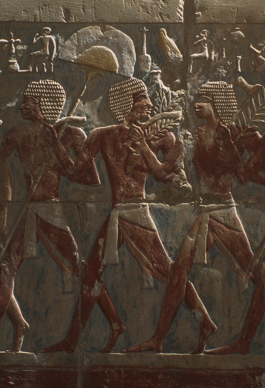 Reliëf dat een parade ter ere van de godin Hathor afbeeldt (detail) door Egyptian 18th Dynasty